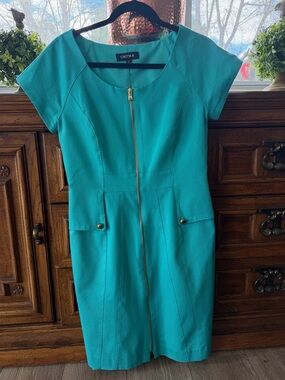 Chetta B Teal Zip-Front Sheath Dress with Button Flap Pockets